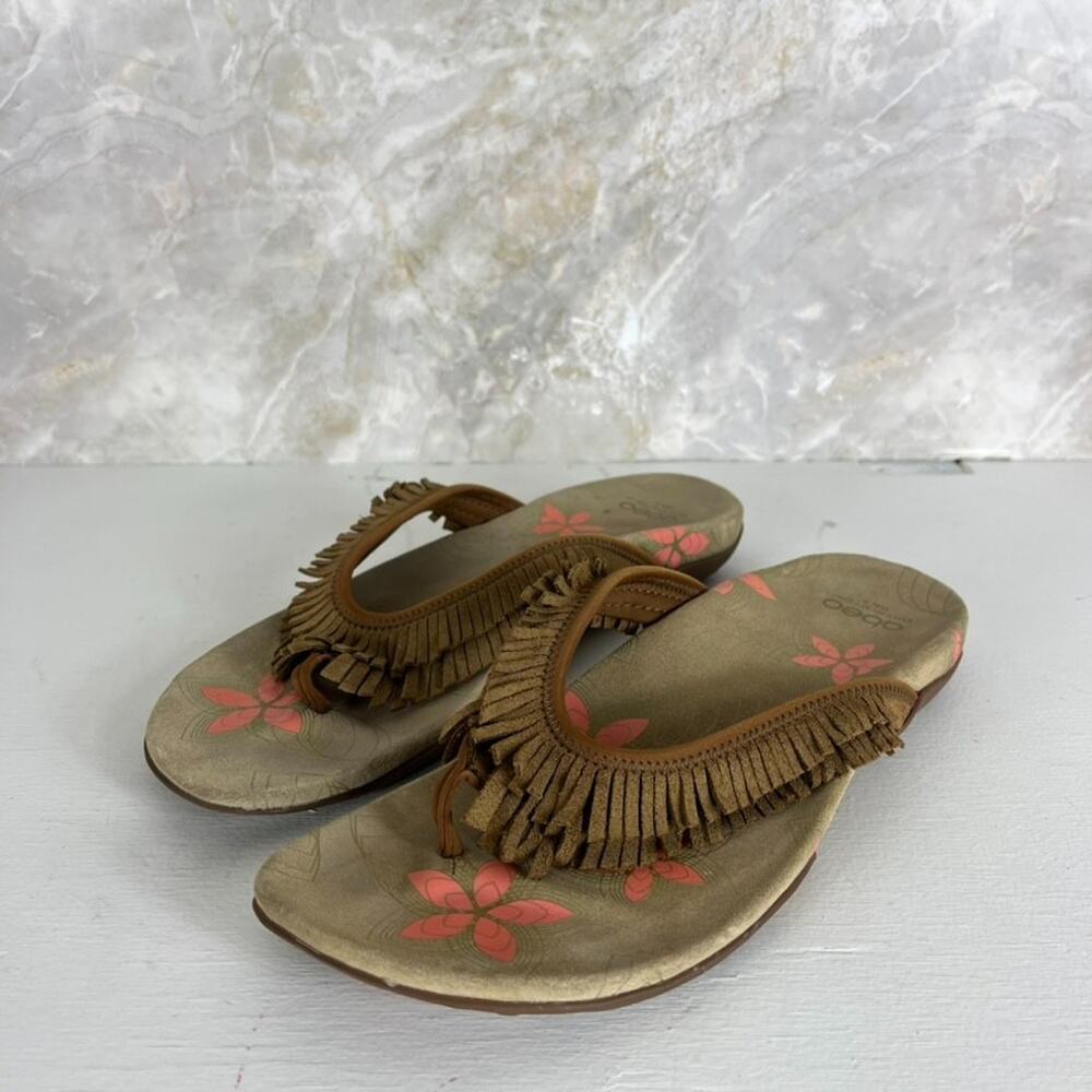 Abeo Vibram Sandals Womens 9 Brown Fringe Suede Flip Flop Floral Print Footbed